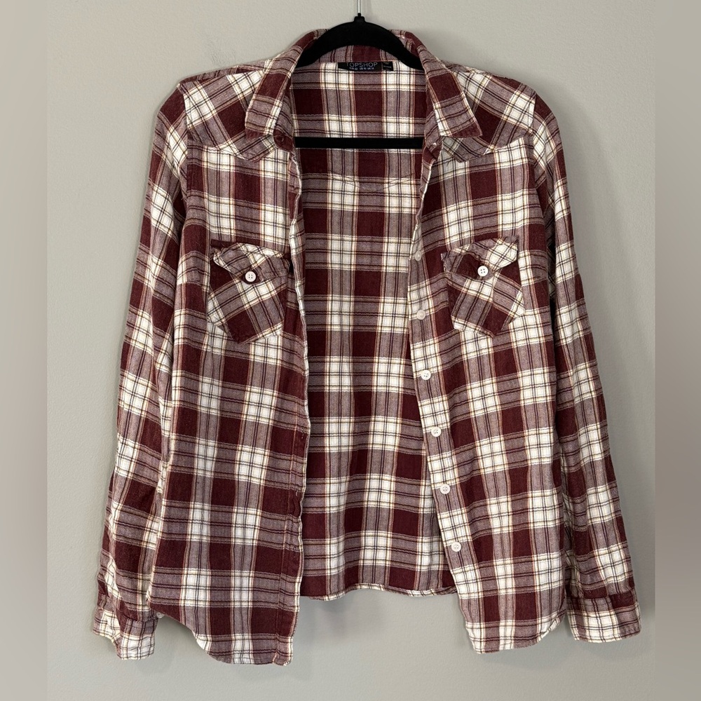 Topshop Burgundy Plaid Button-Up Flannel Shirt (Size US 10)